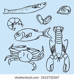 Seafood doodles, hand-drawn food illustrations. Line art.