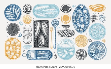 Seafood drawings in color. Hand-drawn tinned fish sketches. Sardines, anchovy, mackerel, tuna, mussels in tin cans, fish canapes, olives, crackers collection. Food and ingredient vector illustrations