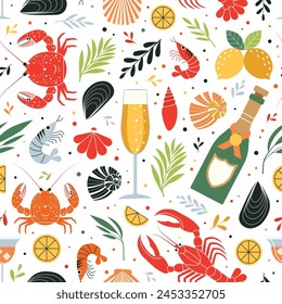 Seafood and drinks seamless pattern. Crabs, shrimps, shells, mussels, cocktails, aperitivo, sparkling wine and lemon slices on colorful repeating background. Shellfish and sea food hand drawn design.