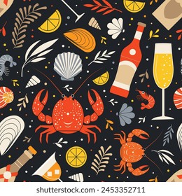 Seafood and drinks seamless pattern. Crabs, shrimps, shells, mussels, cocktails, aperitivo, sparkling wine and lemon slices on colorful repeating background. Shellfish and sea food hand drawn design.