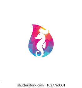 Seafood drop shape concept Logo. Seahorse Chef Knife Fork and Spoon Symbol Illustration. Chef and seahorse logo design template