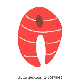 Elementos de marisco de colorido conjunto. Una deliciosa ilustración combina hábilmente el diseño creativo con la suculenta imagen de un filete de salmón. Ilustración vectorial.