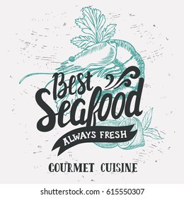 Seafood element for restaurant and cafe. Design poster with hand-drawn graphic elements in doodle style.