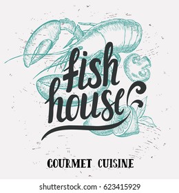 Seafood element for restaurant and cafe. Design poster with hand-drawn graphic elements in doodle style.