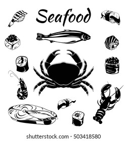 Seafood elements set crab, lobster, sushi, caviar, roll, fish, shrimp, salmon, trout Sea animal and fish Vector Isolated On White Objects Seafood Illustration