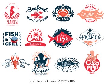 Seafood emblem logo set of twelve isolated logotypes for bars and marine food restaurants with fish images vector illustration