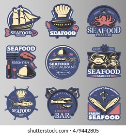 Seafood emblem set in color with highest quality seafood products seafood restaurant fresh fish lobster bar descriptions vector illustration