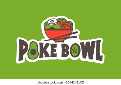 Seafood Emblem.Poke Bowl Badge, Sticker On Green Background Isolated. Collection Of Retro Logotype With Hand-drawn Text, Icon. Vector Illustration.