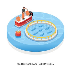 Seafood farming isometric composition with female worker in boat feeding fish throwing food into floating round fish cage vector illustration