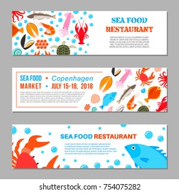 Seafood and fish advertising banners. Crab lobster flounder salmon dorado squid octopus turtle caviar haddock oyster scallop vector illustration for restaurant menu, food market, shop in fl