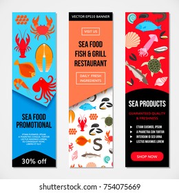 Seafood and fish advertising banners. Crab lobster flounder salmon dorado eel mussel squid octopus turtle caviar oyster scallop vector illustration for restaurant menu, food market, shop in fl