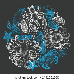 Seafood and fish background. Hand drawn vector illustrations on chalk board. Vintage food banner. Can be used for design menu, packaging, recipes, label, fish market, seafood products.