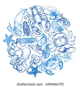 Seafood and fish background. Hand drawn vector illustrations. Vintage food banner. Can be used for design menu, packaging, recipes, label, fish market, seafood products.