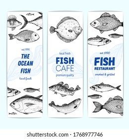 Seafood fish banner set. Fish sketch collection. Hand drawn vector illustration. Food menu illustration. Hand drawn tuna, flounder, cod fish, herring, mackerel, salmon, perch. Engraved style