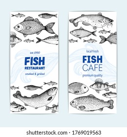 Seafood fish banner set. Fish sketch collection. Hand drawn vector illustration. Food menu illustration. Hand drawn tuna, flounder, cod fish, herring, mackerel, salmon, perch. Engraved style