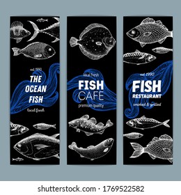 Seafood fish banner set. Fish sketch collection. Hand drawn vector illustration. Food menu illustration. Hand drawn tuna, flounder, cod fish, herring, mackerel, salmon, perch. Engraved style