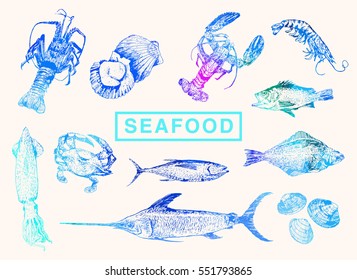 Seafood and fish big set. Seafood hand drawn elements. Sea food and fish sketch illustrations. Fish doodle. Vector illustrations, retro engraving style. Background With Watercolor Effect