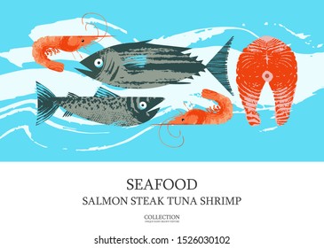 Seafood. Fish. Colorful vector illustration, a collection of images of different fish and shrimp with a unique hand drawn vector texture.