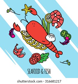 Seafood and fish concept illustration with lobster shrimps and salmon flat vector illustration 