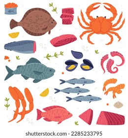Seafood with Fish, Crustacean and Shellfish as Fresh Sea Product Vector Set