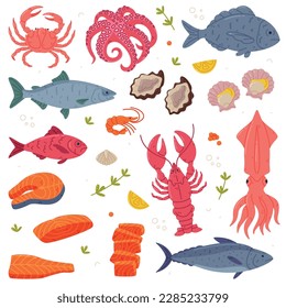 Seafood with Fish, Crustacean and Shellfish as Fresh Sea Product Vector Set