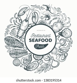 Seafood and fish design template. Hand drawn vector illustration. Can be used for design menu, packaging, recipes, label, fish market, seafood products.