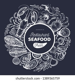 Seafood and fish design template. Hand drawn vector illustration on chalk board. Can be used for design menu, packaging, recipes, label, fish market, seafood products.