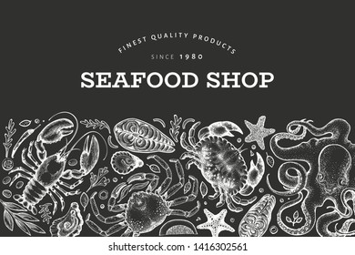 Seafood and fish design template. Hand drawn vector illustration. Can be used for design menu, packaging, recipes, label, fish market, seafood products.