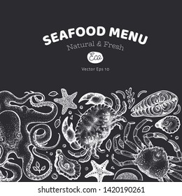 Seafood and fish design template. Hand drawn vector illustration. Can be used for design menu, packaging, recipes, label, fish market, seafood products.