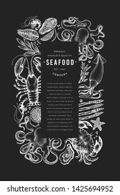 Seafood and fish design template. Hand drawn vector illustration. Food banner. Can be used for design menu, packaging, recipes, label, fish market, seafood products.