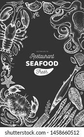 Seafood and fish design template. Hand drawn vector illustration on chalk board. Can be used for design menu, packaging, recipes, label, fish market, seafood products.