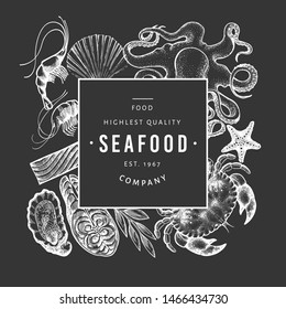 Seafood and fish design template. Hand drawn vector illustration on chalk board. Retro food banner.
