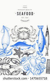 Seafood and fish design template. Hand drawn vector illustration. Can be used for design menu, packaging, recipes, label, fish market, seafood products.