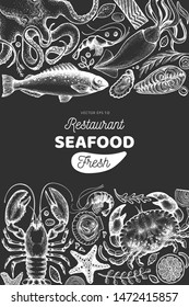 Seafood and fish design template. Hand drawn vector illustration on chalk board. Food banner. Can be used for design menu, packaging, recipes, label, fish market, seafood products.