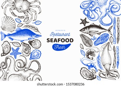 Seafood and fish design template. Hand drawn vector illustration. Food banner. Can be used for design menu, packaging, recipes, label, fish market, seafood products.