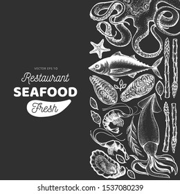 Seafood and fish design template. Hand drawn vector illustration on chalk board. Can be used for design menu, packaging, recipes, label, fish market, seafood products.