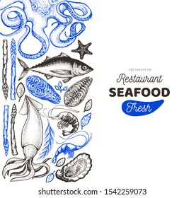 Seafood and fish design template. Hand drawn vector illustration. Food banner. Can be used for design menu, packaging, recipes, label, fish market, seafood products.