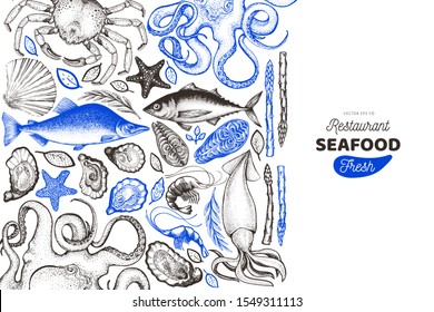 Seafood And Fish Design Template. Hand Drawn Vector Illustration. Food Banner. Can Be Used For Design Menu, Packaging, Recipes, Label, Fish Market, Seafood Products.