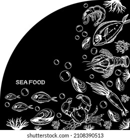 Muster für Meeresfrüchte und Fische. Handgezeichnete Vektorgrafik auf Kreißbrett, Lebensmittelbanner. Kann für Design-Menü, Verpackung, Rezepte, Etikett, Fischmarkt, Meeresfrüchte Produkte verwendet werden.