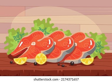 Seafood fish dish food on kitchen table concept. Vector design element cartoon illustration