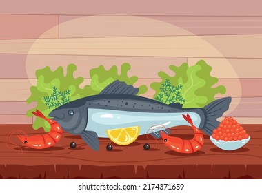 Seafood fish dish food on kitchen table concept. Vector design element cartoon illustration