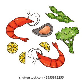 Seafood fish dish ingredients concept. Vector design element cartoon illustration	