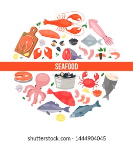 Seafood and fish flat cartoon banner vector illustration. Fish salmon steak with lemon, shrimp, squid, octopus, lobster with crabs and tuna. Fresh products for restaurants and cafes.