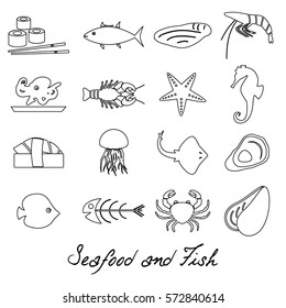 seafood and fish food set of simple outline icons eps10