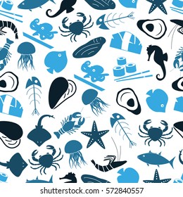 seafood and fish food theme icons blue seamless pattern eps10