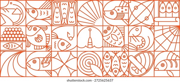 Patrón geométrico de mariscos y peces con mariscos y peces. Vector retro moderno abstracto lineal marino motivo con olas, ganchos y redes Elementos de arte de línea para mariscos, océano y fondo de pesca