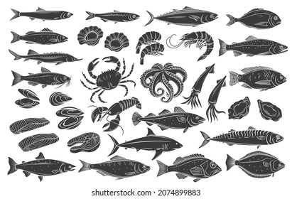 Seafood and fish glyph icon set. Monochrome herring, squid, octopus, salmon, halibut oysters and scallops. Engraved fish bream, mackerel, tuna or sterlet, catfish, codfish and halibut, lobster, crab