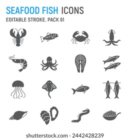 Seafood and fish glyph icon set, sea animals collection, vector graphics, logo illustrations, ocean animals vector icons, seafood and fish signs, solid pictograms, editable stroke