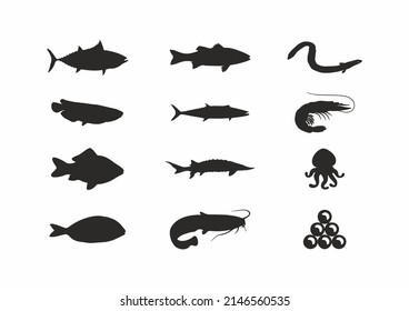 Seafood and fish icon set. Fish silhouettes black on white.