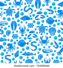 Seafood and fish icons blue seamless pattern. Crab lobster flounder salmon dorado mussel squid octopus turtle caviar haddock oyster scallop vector illustration for restaurant menu, food market, shop